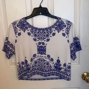 White Top with Blue Patterned Accents
